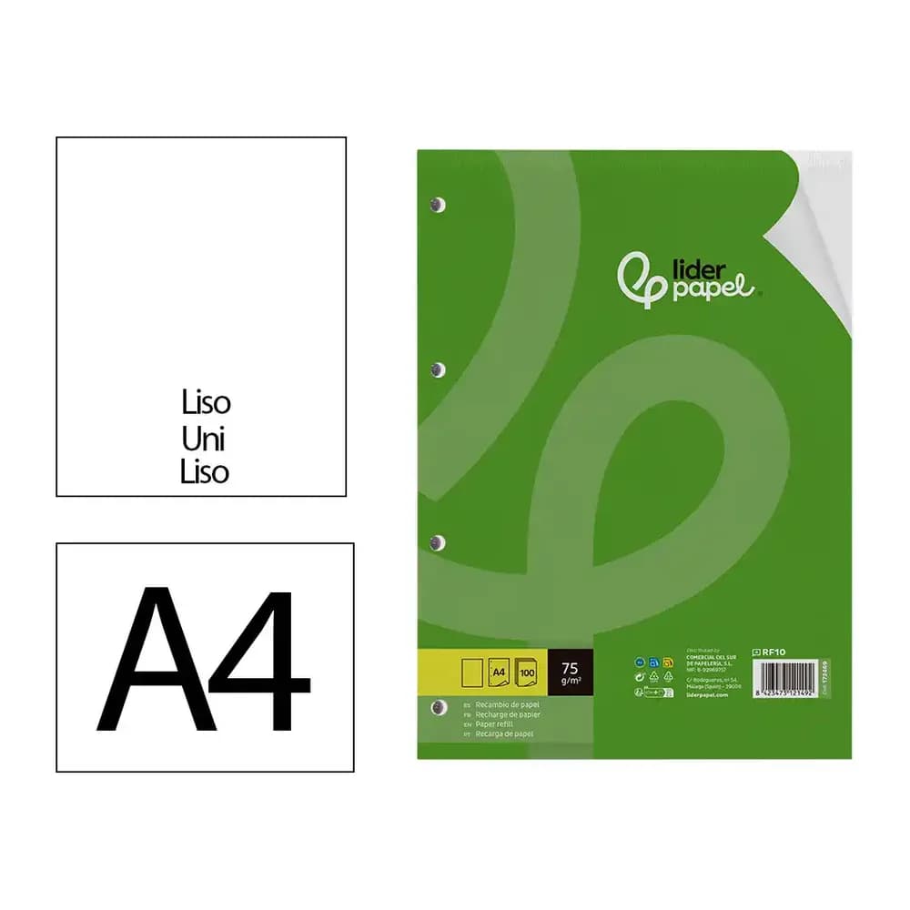 Liderpapel Recambio liderpapel a4 100 hojas 75gr liso sin margen 4 taladros