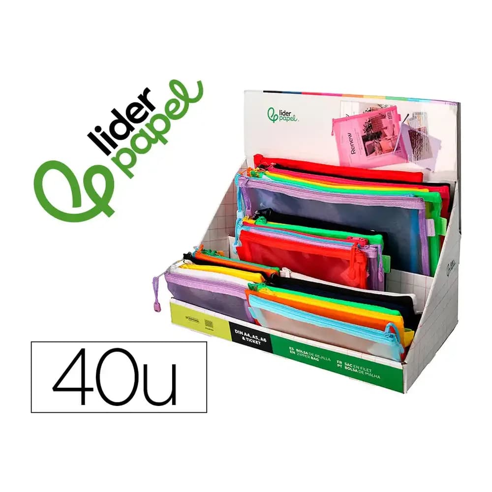 Liderpapel Bolsa zipper bag liderpapel poliester transpirable multiusos expositor de 40 unidades tamaños y colores