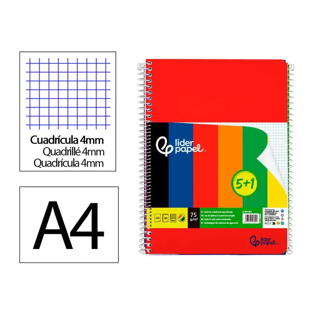 Liderpapel Cuaderno espiral liderpapel a4 smart tapa blanda 80h 75gr cuadro 4 mm con margen pack 5+1 colores surtidos