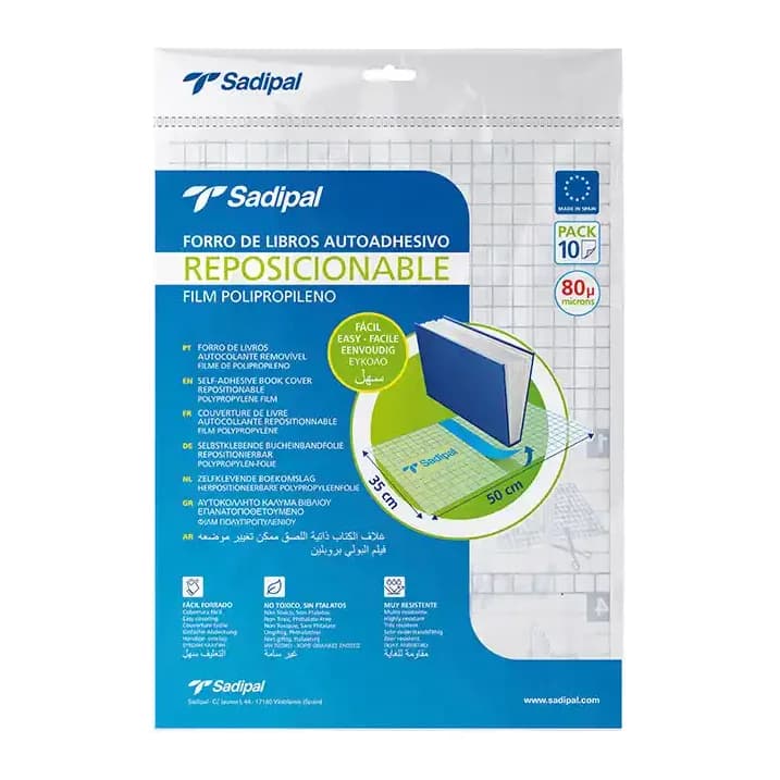 Sadipal Forralibro adhesivo para libros sadipal reposicionable 80 mc 50x35 cm pack de 10 unidades