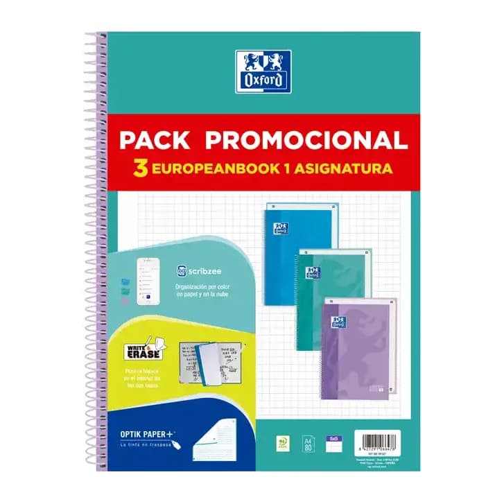 Oxford Cuaderno espiral oxford ebook 1 touch tapa extradura din a4+ 80h cuadro 5 mm pack de 3 unidades colores pastel