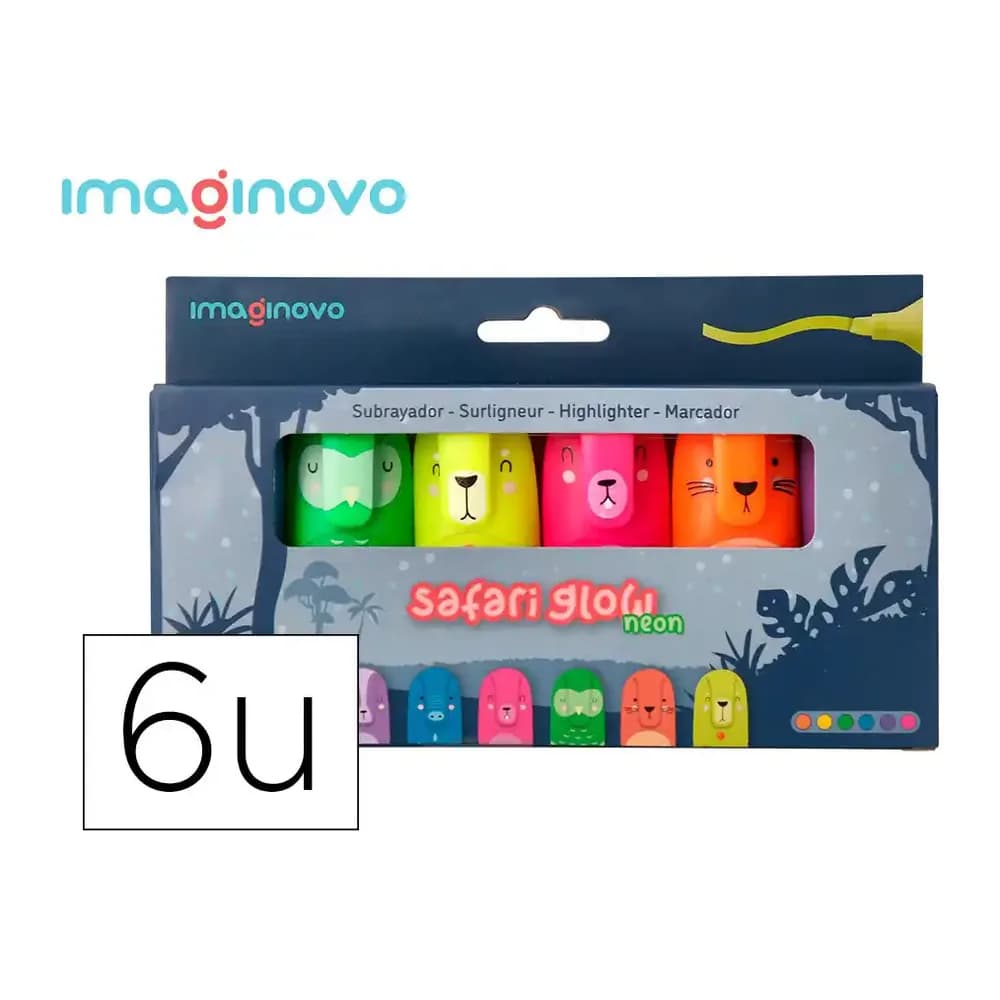 Imaginovo Rotulador imaginovo fluorescente safari glow neon animales y clip caja de 6 unidades surtidas