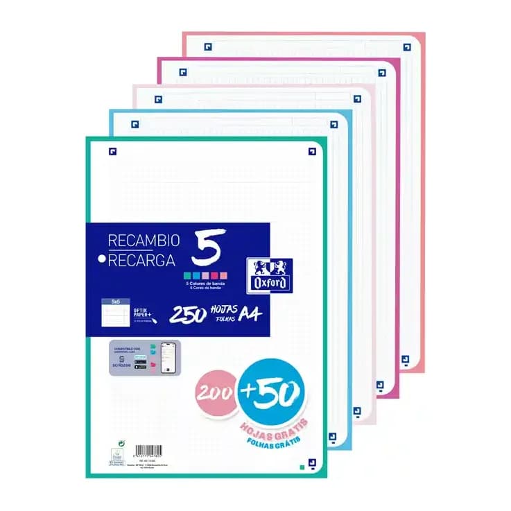 Oxford Recambio oxford din a4 200+50 hojas gratis cuadro 5 mm 4 taladros con banda 5 colores pastel