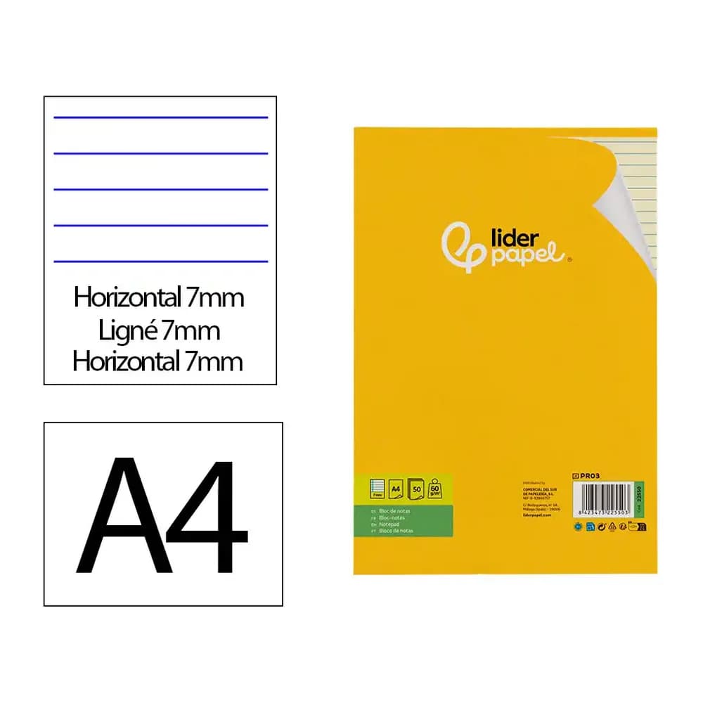 Liderpapel Bloc notas liderpapel encolado a4 rayado horizontal 50 hojas 80 gr color amarillo
