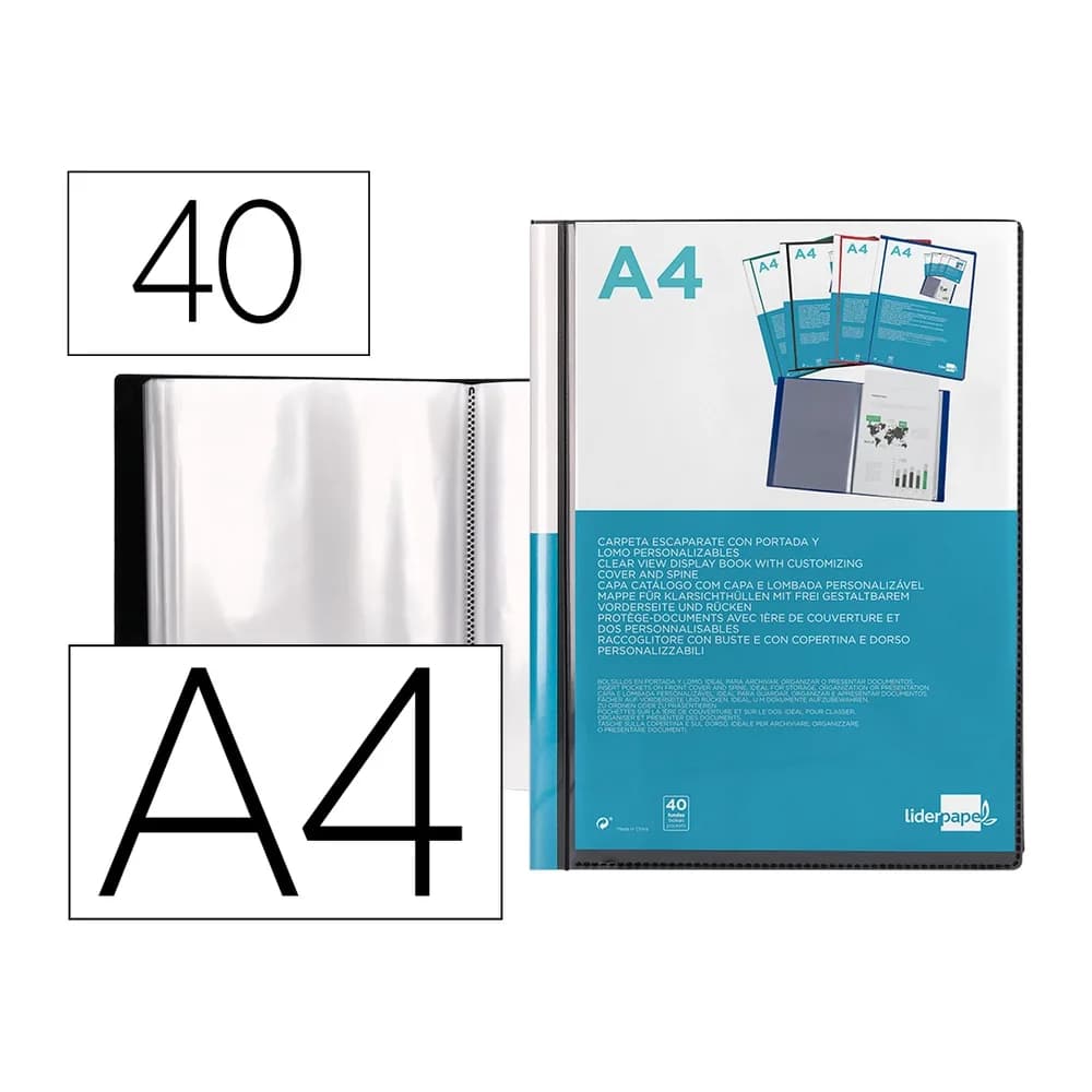 Carpeta canguro Liderpapel Personaliza A4 de polipropileno con 40 fundas, portada y lomo personalizables – Negro
