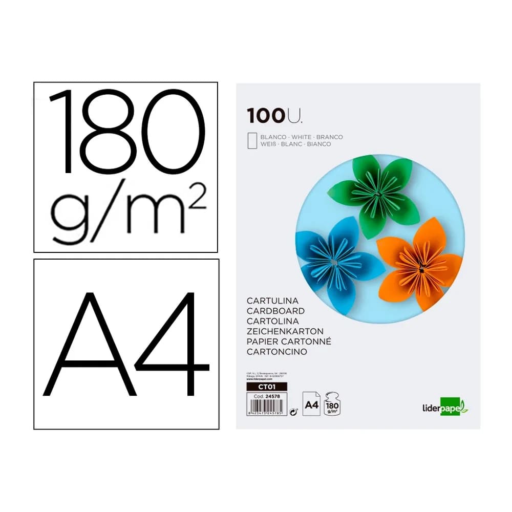Liderpapel Cartulina liderpapel a4 180g/m2 paquete de 100 hojas