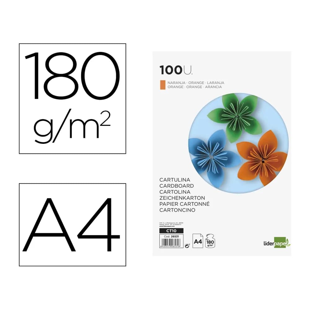 Liderpapel Cartulina liderpapel a4 180g/m2 naranja fuerte paquete de 100 hojas