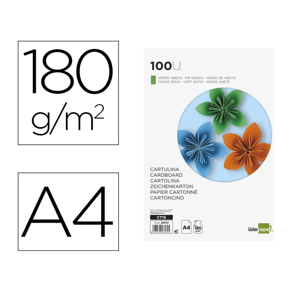Liderpapel Cartulina liderpapel a4 180g/m2 verde abeto paquete de 100 hojas