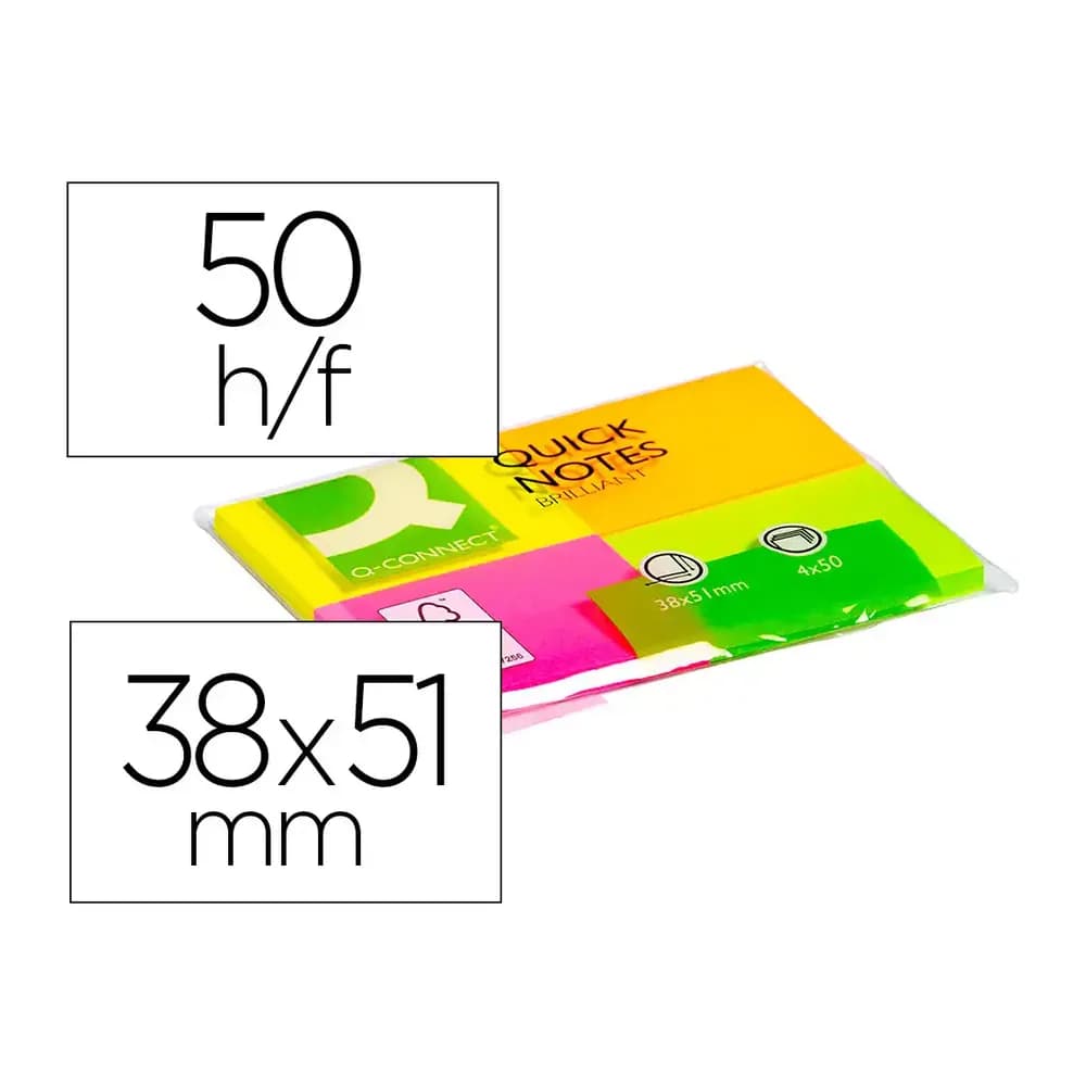Q-connect Bloc de notas adhesivas quita y pon q-connect 38x51 mm con 50 hojas fluorescentes pack de 4 unidades