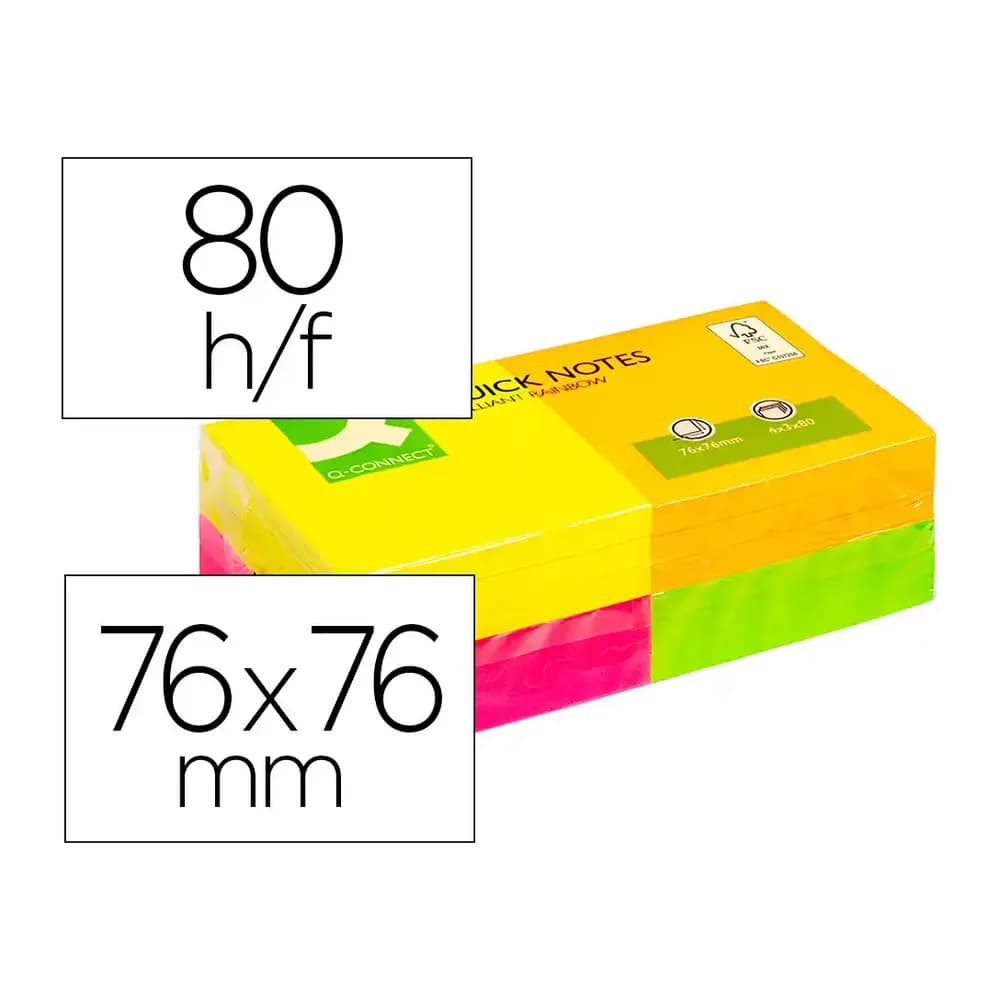 Q-connect Bloc de notas adhesivas quita y pon q-connect 76x76 mm con 80 hojas fluorescentes pack de 12 surtidas en 4 colores