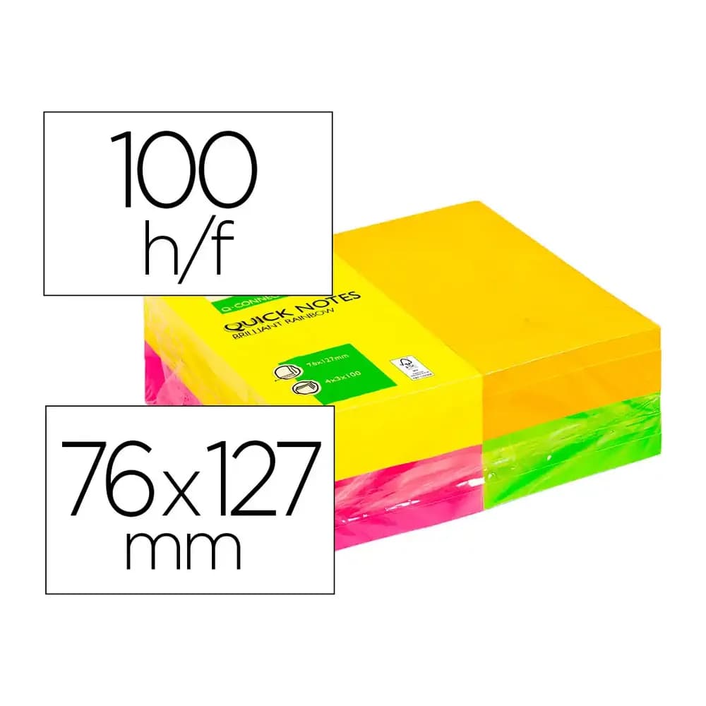 Q-connect Bloc de notas adhesivas quita y pon q-connect 127x76 mm fsc 100 hojas fluorescentes pack de 12 -surtidas en 4 colores