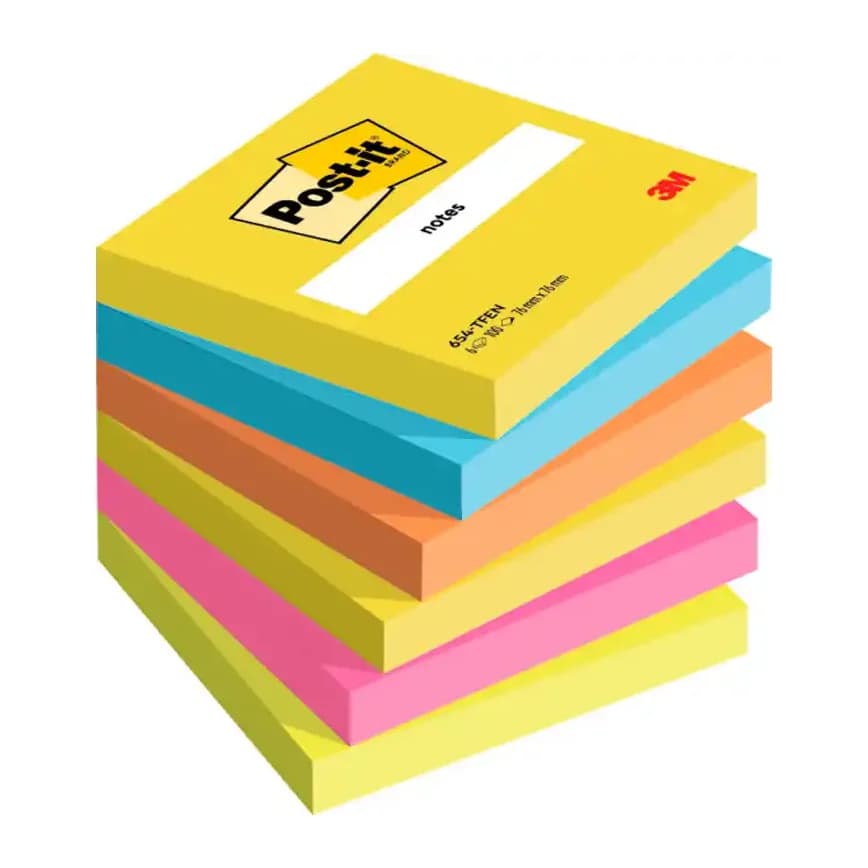 Post-it Bloc de notas adhesivas quita y pon post-it 76x76 mm neon pack de 6 unidades colores surtidos