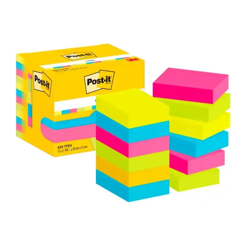 Post-it Bloc de notas adhesivas quita y pon post-it 38x51 mm neon pack de 12 blocs surtido
