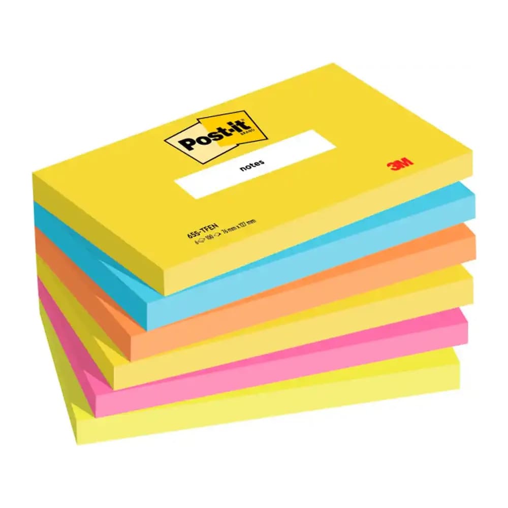 Post-it Bloc de notas adhesivas quita y pon post-it 76x127 mm neon pack de 6 blocs surtido