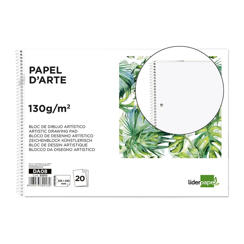 Liderpapel Bloc dibujo liderpapel artistico espiral 230x325mm 20 hojas 130g/m2 sin recuadro 2 taladros perforado