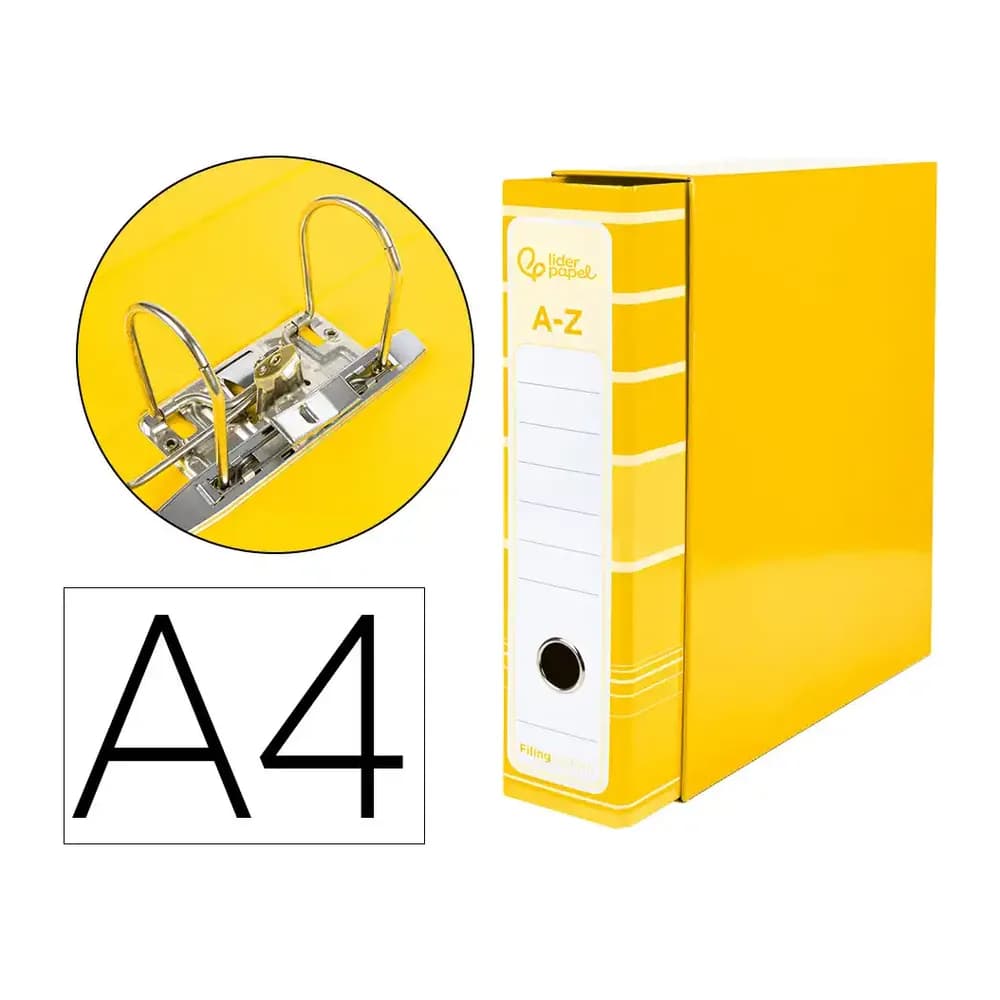Liderpapel Archivador de palanca liderpapel a4 filing system forrado sin rado lomo 80mm amarillo con caja y compresor metal