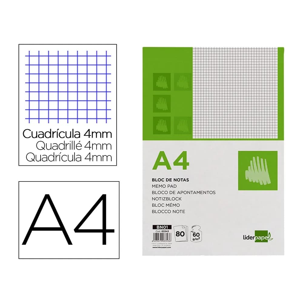 Liderpapel Bloc notas liderpapel cuadro 4mm a4 80 hojas 60g/m2