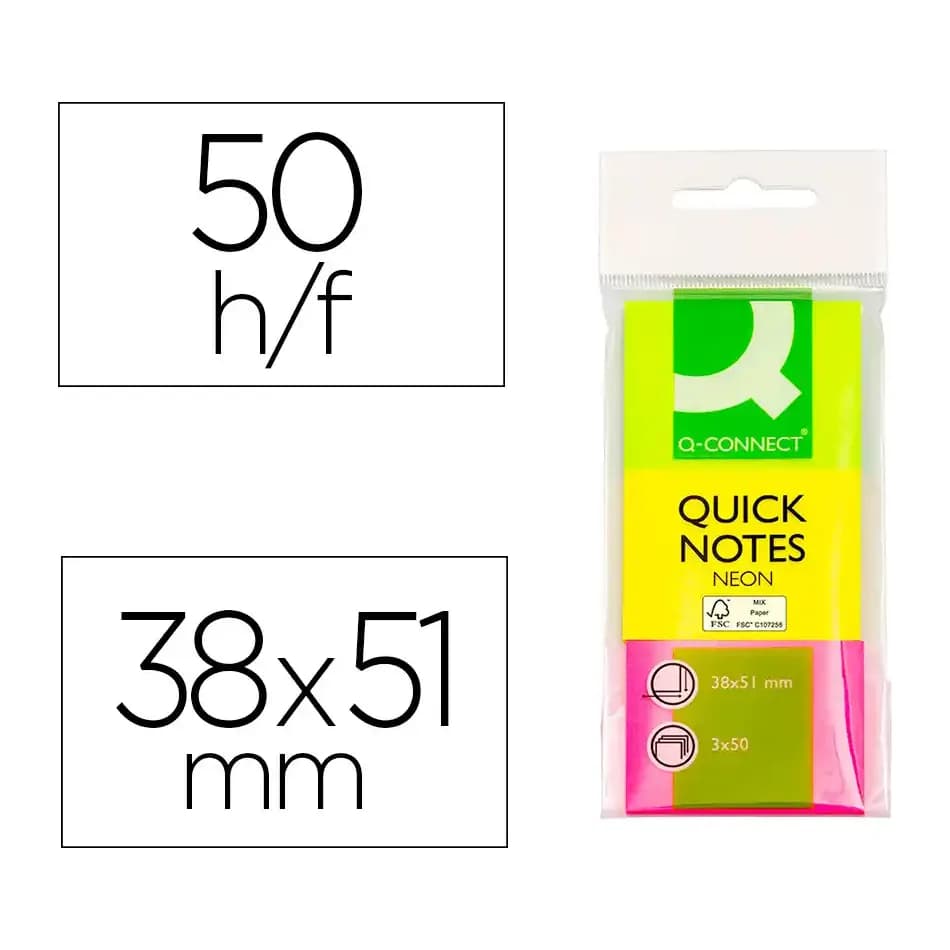 Q-connect Bloc de notas adhesivas quita y pon q-connect 38x51 mm neon pack de 3 unidades con 50 hojas por color