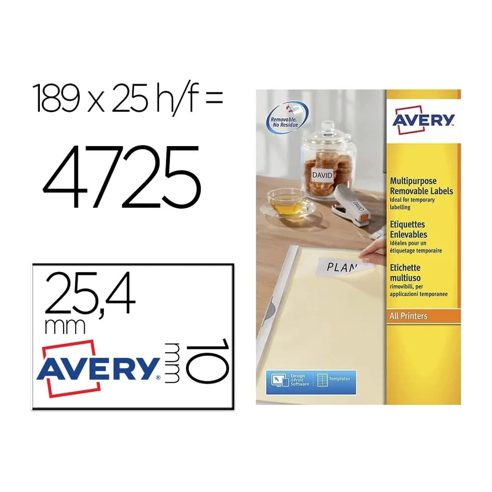 Avery Etiqueta adhesiva avery removible tamaño 25,4x10 mm caja de 4725 unidades