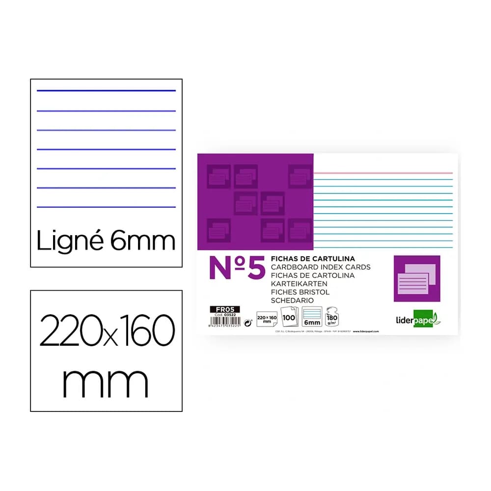 Liderpapel Ficha liderpapel rayada nº5 160x220 mm 180gr paquete de 100 unidades