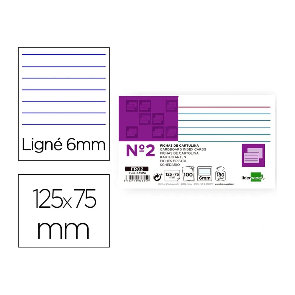Liderpapel Ficha liderpapel rayada nº2 75x125 mm 180gr paquete de 100 unidades