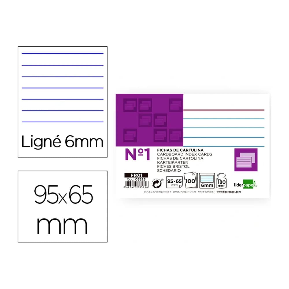 Liderpapel Ficha liderpapel rayada nº1 65x95 mm 180gr paquete de 100 unidades