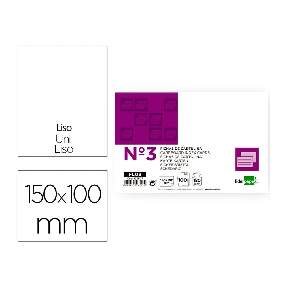 Liderpapel Ficha liderpapel lisa nº3 100x150mm 180 gr paquete de 100 unidades