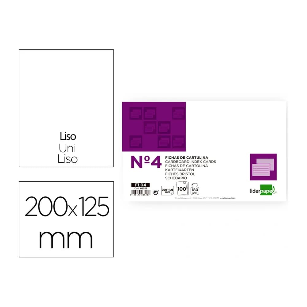 Liderpapel Ficha liderpapel lisa nº4 125x200mm 180gr paquete de 100 unidades