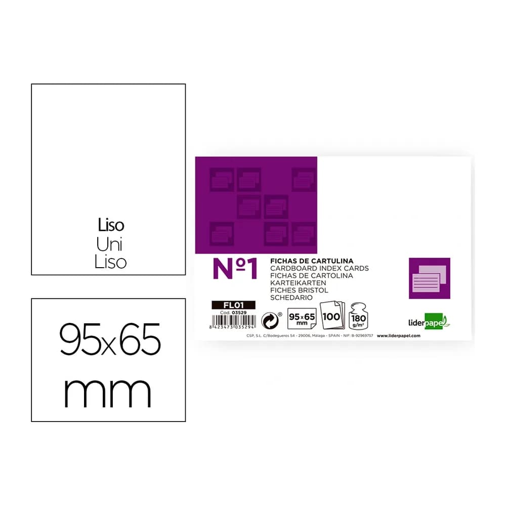 Liderpapel Ficha liderpapel lisa nº1 65x95mm 180gr paquete de 100 unidades