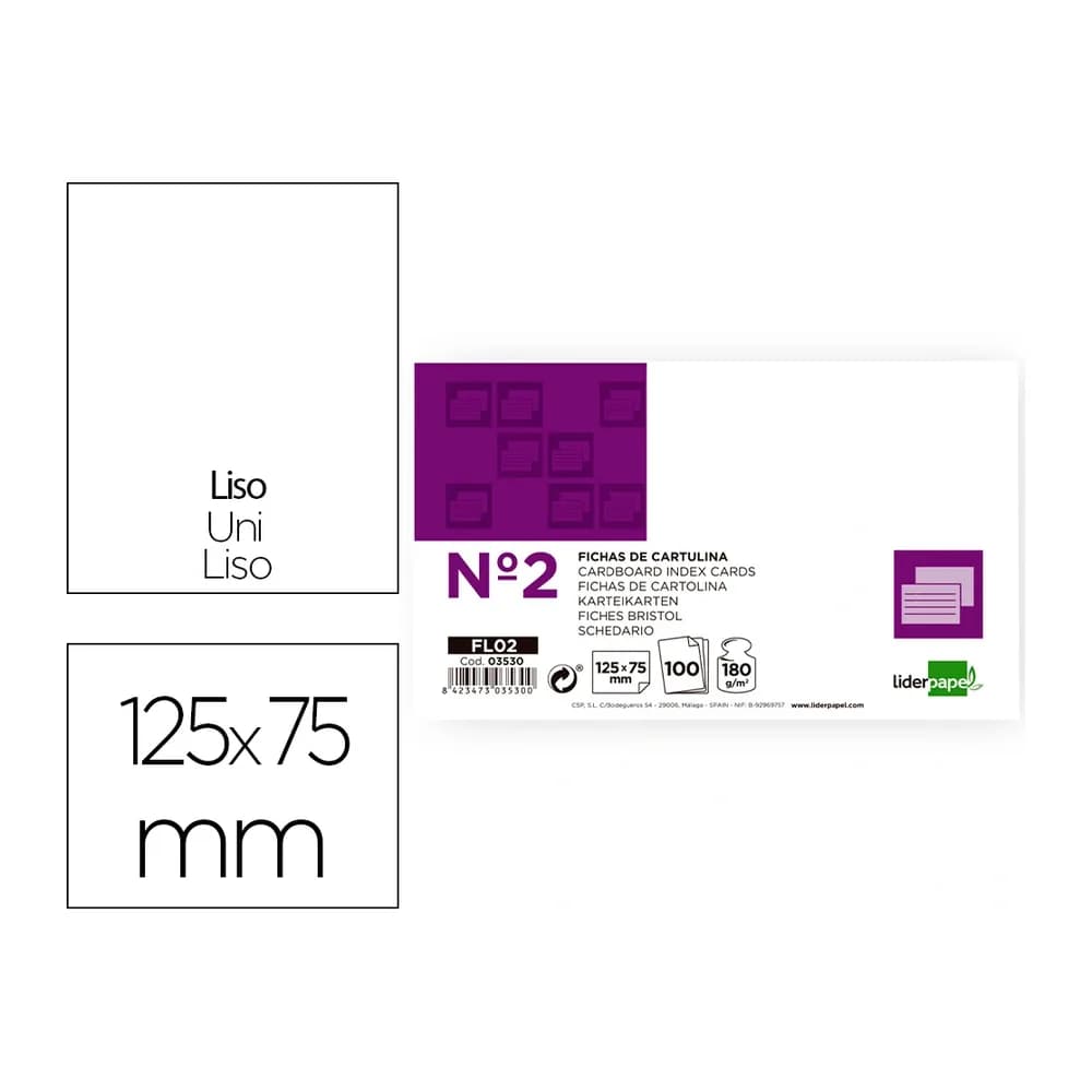 Liderpapel Ficha liderpapel lisa nº2 75x125mm 180gr paquete de 100 unidades