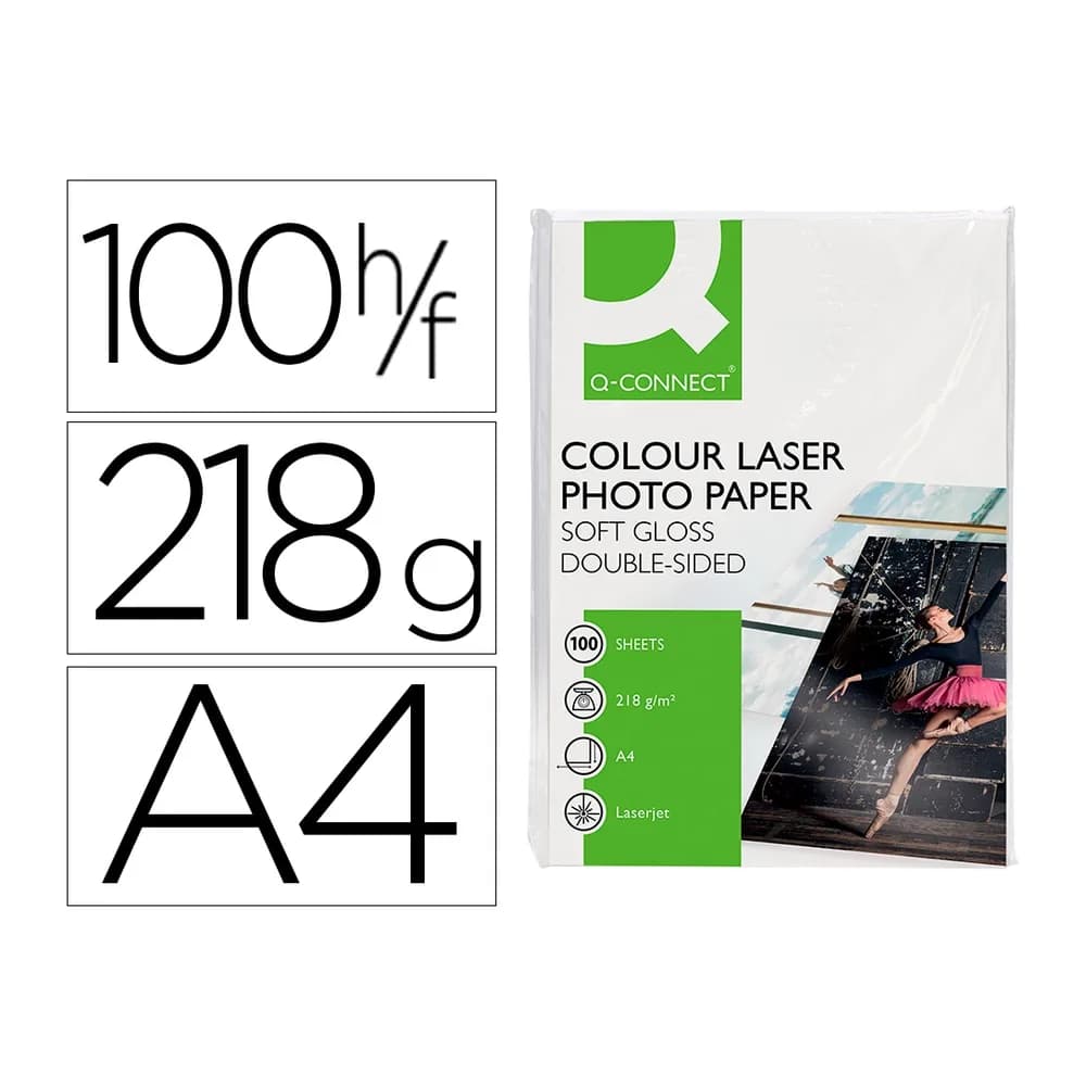 Q-connect Papel q-connect foto glossy din a4 para fotocopiadoras e impresoras laser paquete de 100 hojas de 218 gr