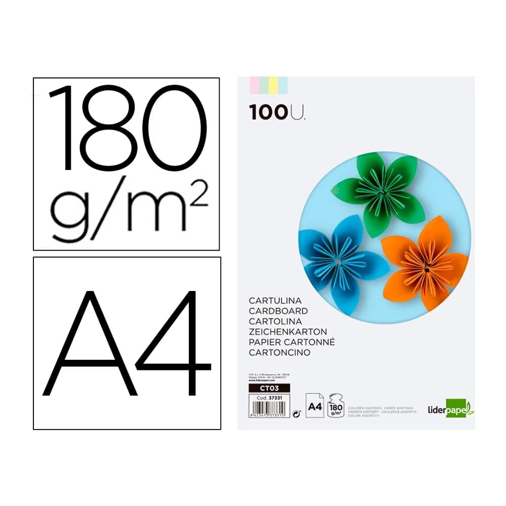 Liderpapel Cartulina liderpapel a4 180g/m2 4 colores surtidos paquete de 100 hojas