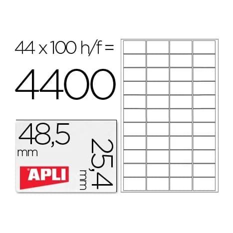 Apli Etiqueta adhesiva apli 1285 tamaño 48,5x25,4 mm para fotocopiadora laser ink-jet caja con 100 hojas din a4