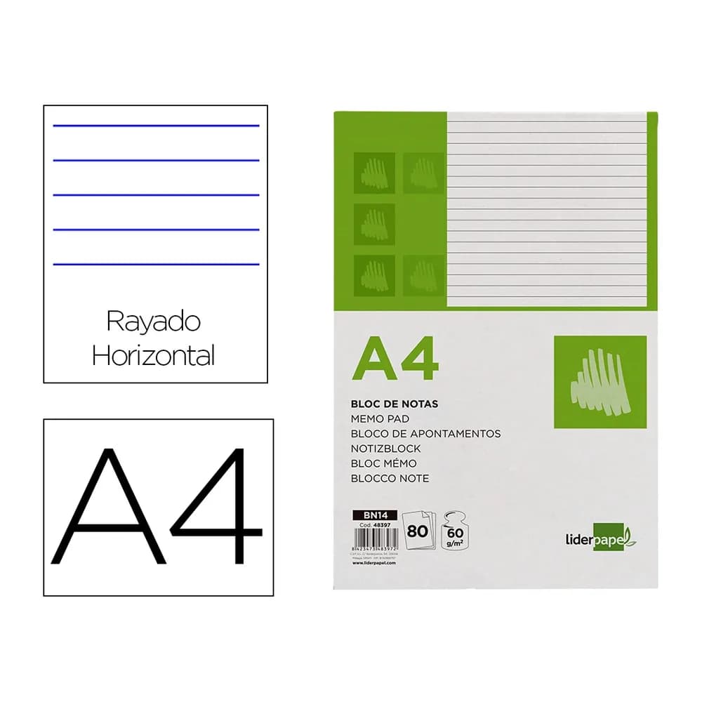 Liderpapel Bloc notas liderpapel horizontal a4 80 hojas 60g/m2