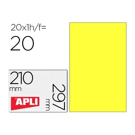 Apli Etiqueta adhesiva apli 02878 tamaño 210x297 mm para laser fotocopiadora ink-jet caja con 20 hojas din a4 amarillo