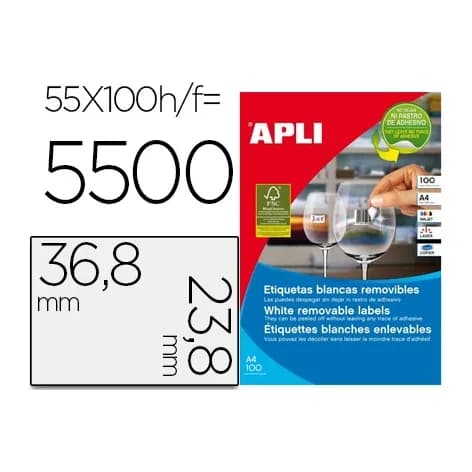 Apli Etiqueta adhesiva apli 36,8x23,8 mm fotocopiadora laser inkjet caja 100 hojas din a4 con 5500 etiquetas