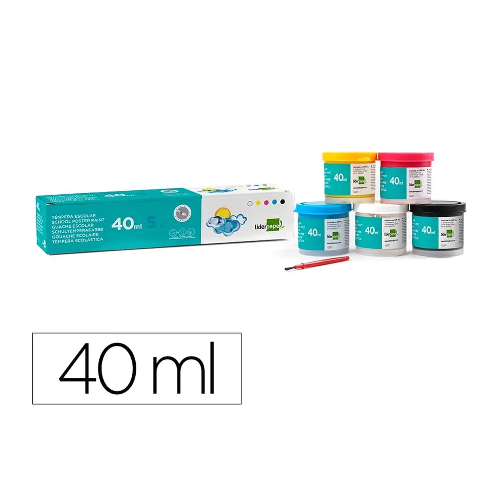 Tempera liderpapel escolar 40 ml caja 5 colores surtidos + pincel