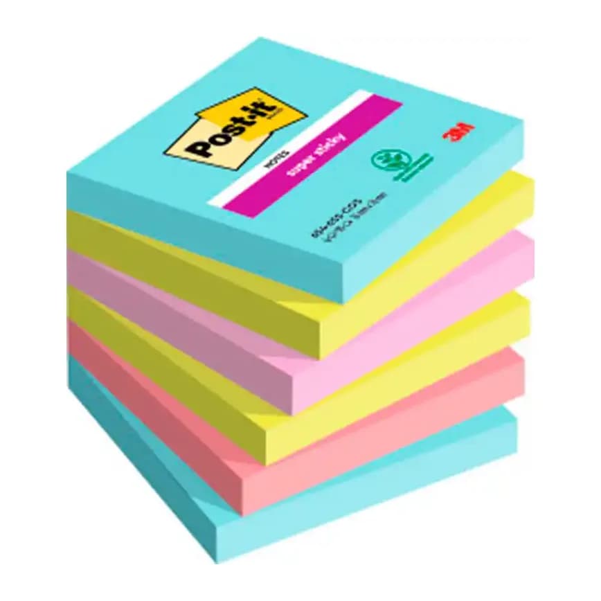 Post-it Bloc de notas adhesivas quita y pon post-it super sticky 76x76 mm con 90 hojas pack de 6 unidades colores miami
