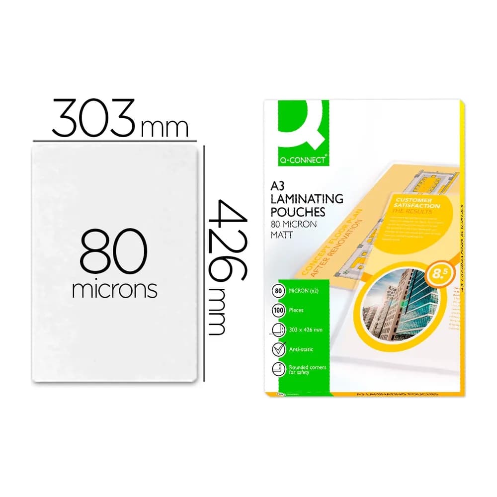 Q-connect Bolsa de plastificar q-connect 303 x 426 mm 80 mc din a3 mate caja de 100 unidades