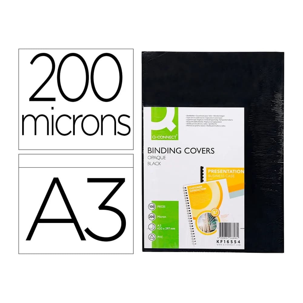 Q-connect Tapa de encuadernacion q-connect pvc din a3 opaca negra 200 mc caja de 100 unidades