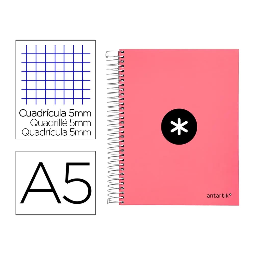 Antartik Cuaderno espiral a5 micro antartik tapa forrada120h 90 gr cuadro 5 mm 5 band 6 taladros color coral
