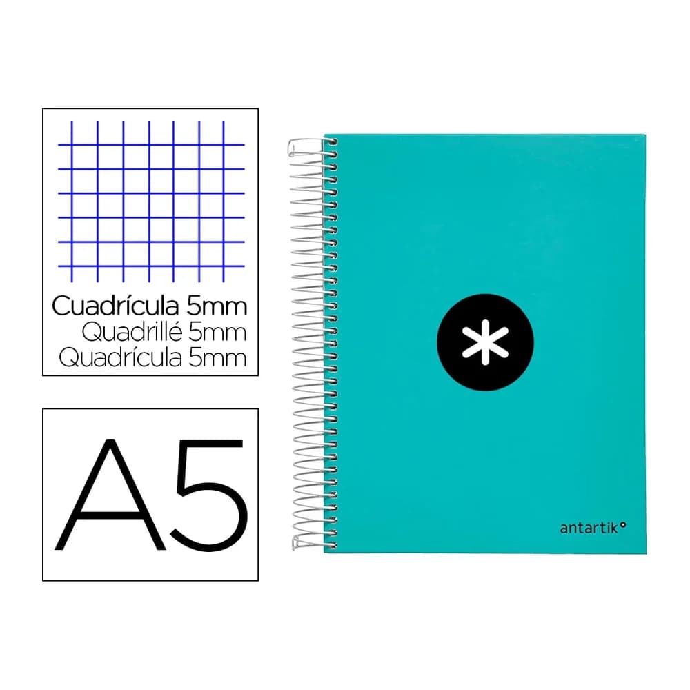 Antartik Cuaderno espiral a5 micro antartik tapa forrada120h 90 gr cuadro 5 mm 5 banda6 taladros color menta