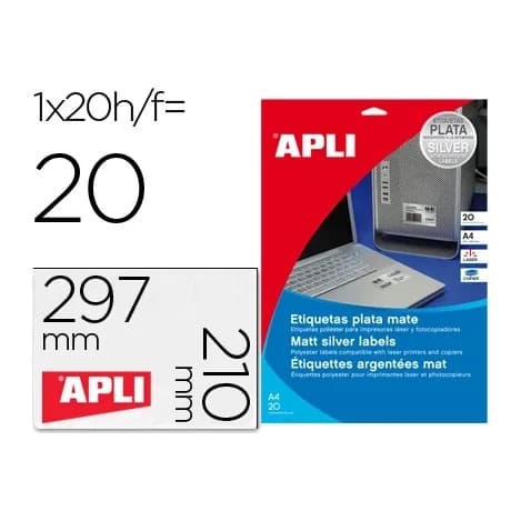 Apli Etiqueta adhesiva apli 10071 metalizada 210x297 mm para fotocopiadora laser caja 20 hojas