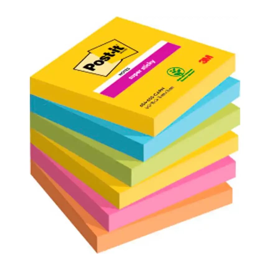 Post-it Bloc de notas adhesivas quita y pon post-it super sticky 76x76 mm con 90 hojas pack de 6 bloc colores surtidos