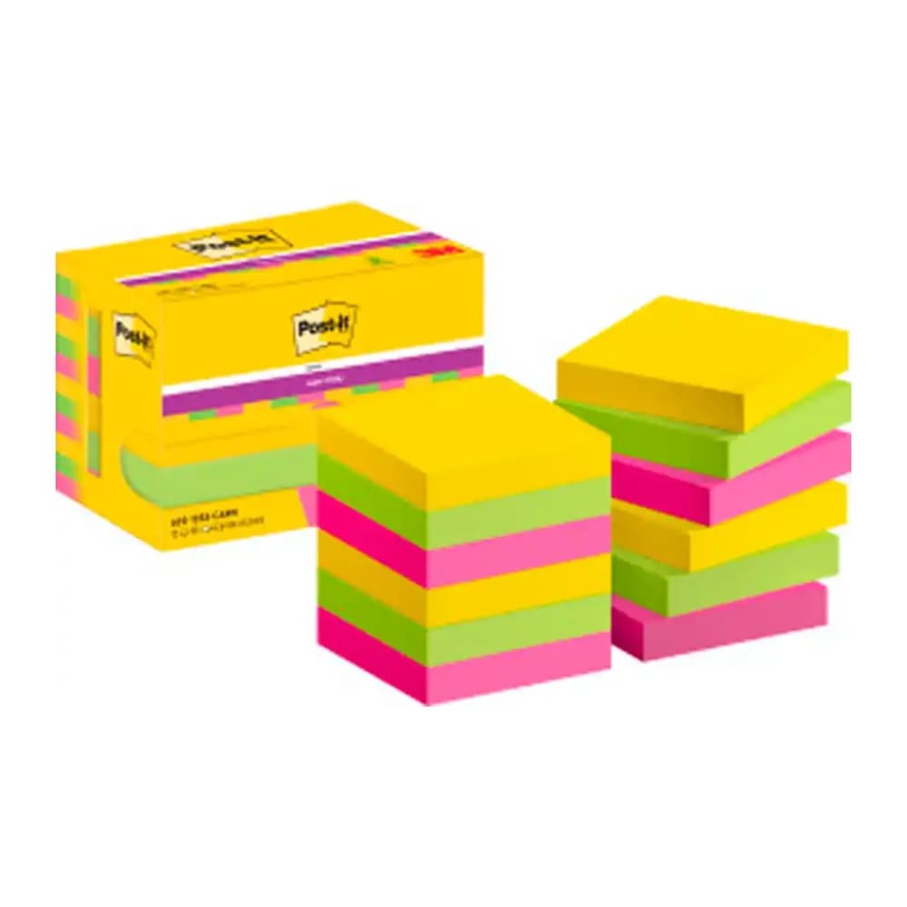 Post-it Bloc de notas adhesivas quita y pon post-it super sticky 47,6x47,6 mm con 90 hojas pack de 12 bloc colores