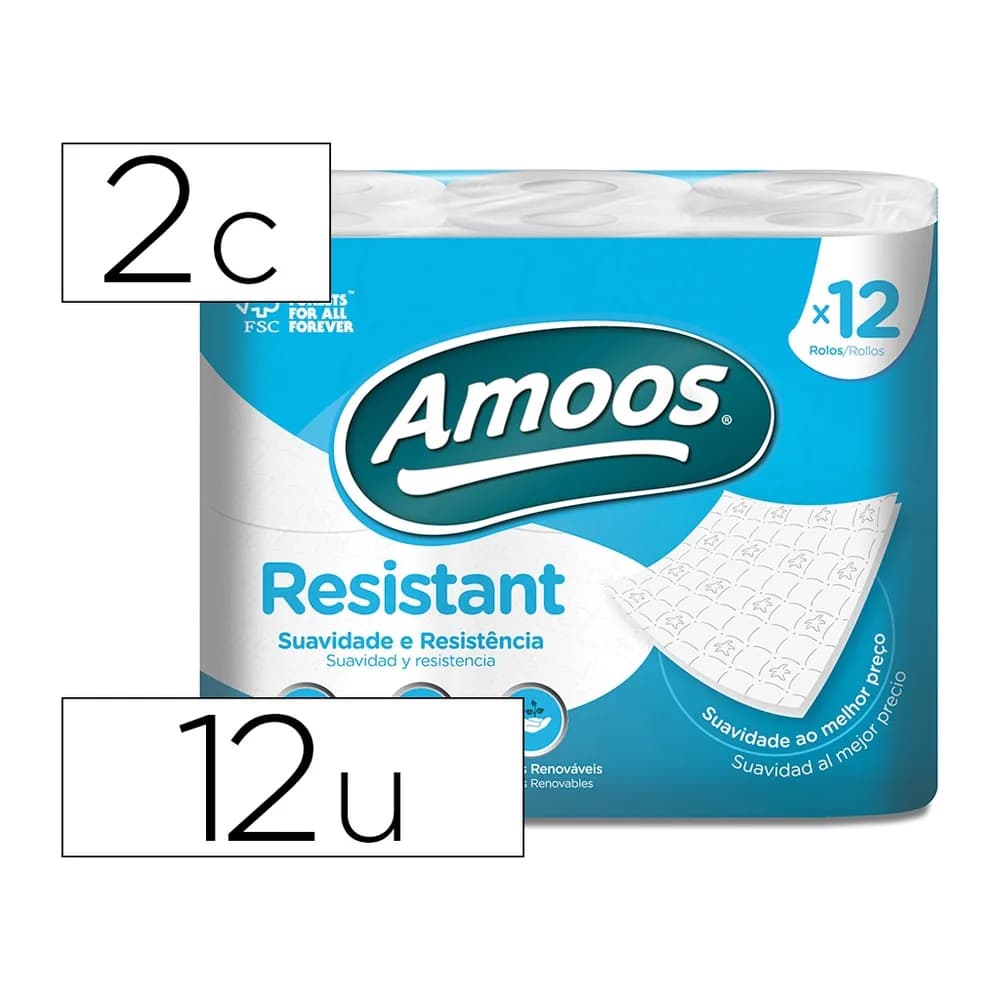 Amoos Papel higienico amoos 2 capas 100 mm diametro x 87 mm alto paquete de 12 rollos