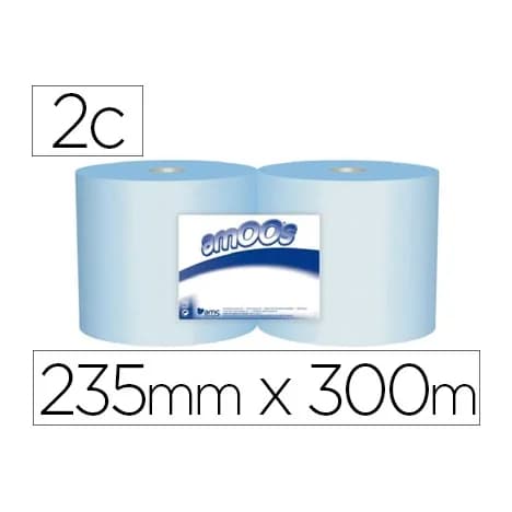 Amoos Papel secamanos industrial amoos 2 capas 222 mm x 300 mt color azul paquete de 2 rollos