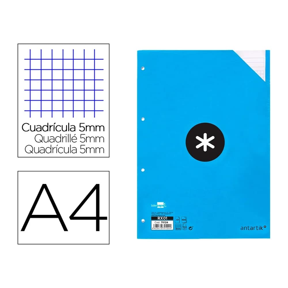 Antartik Recambio antartik a4 100 hojas 90gr cuadro 5 mm 4 taladros bandas de 5 colores