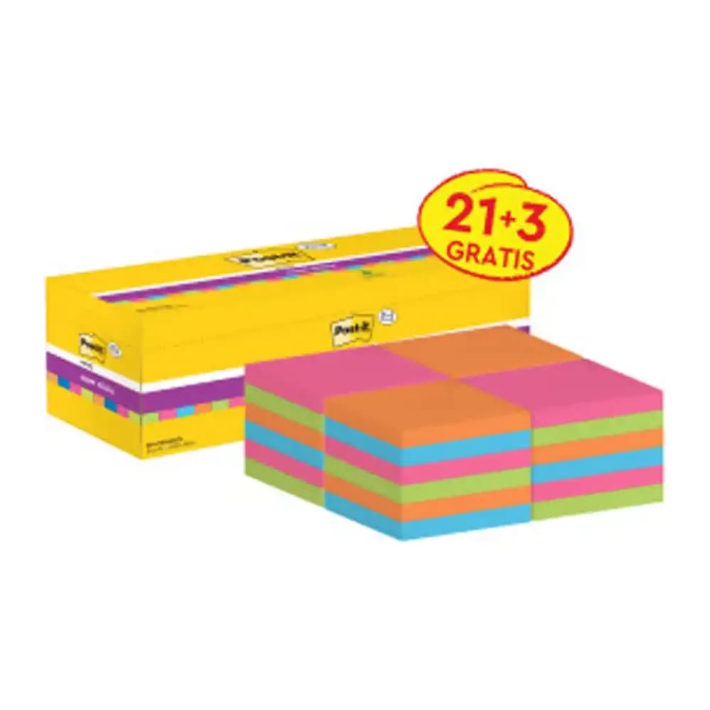 Post-it Bloc de notas adhesivas quita y pon post-it super sticky 76x76 mm 90 hojas colores surtidos pack de 21 + 3