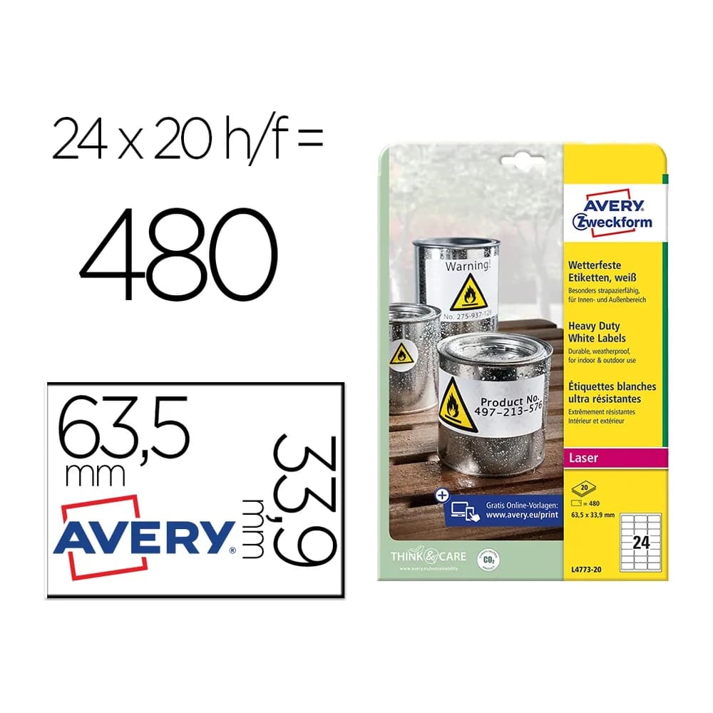 Avery Etiqueta adhesiva resistente avery poliester blanco 3,9 mm 63,5x33,9 mm laser pack de 480unidades
